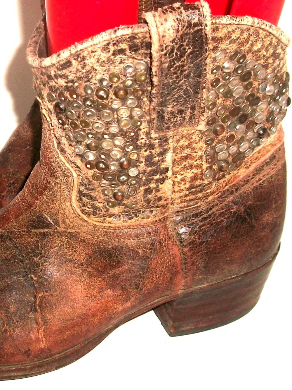 Frye Vintage "Deborah" Studded Aged Leather Cowgirl Boots Handmade in Spain